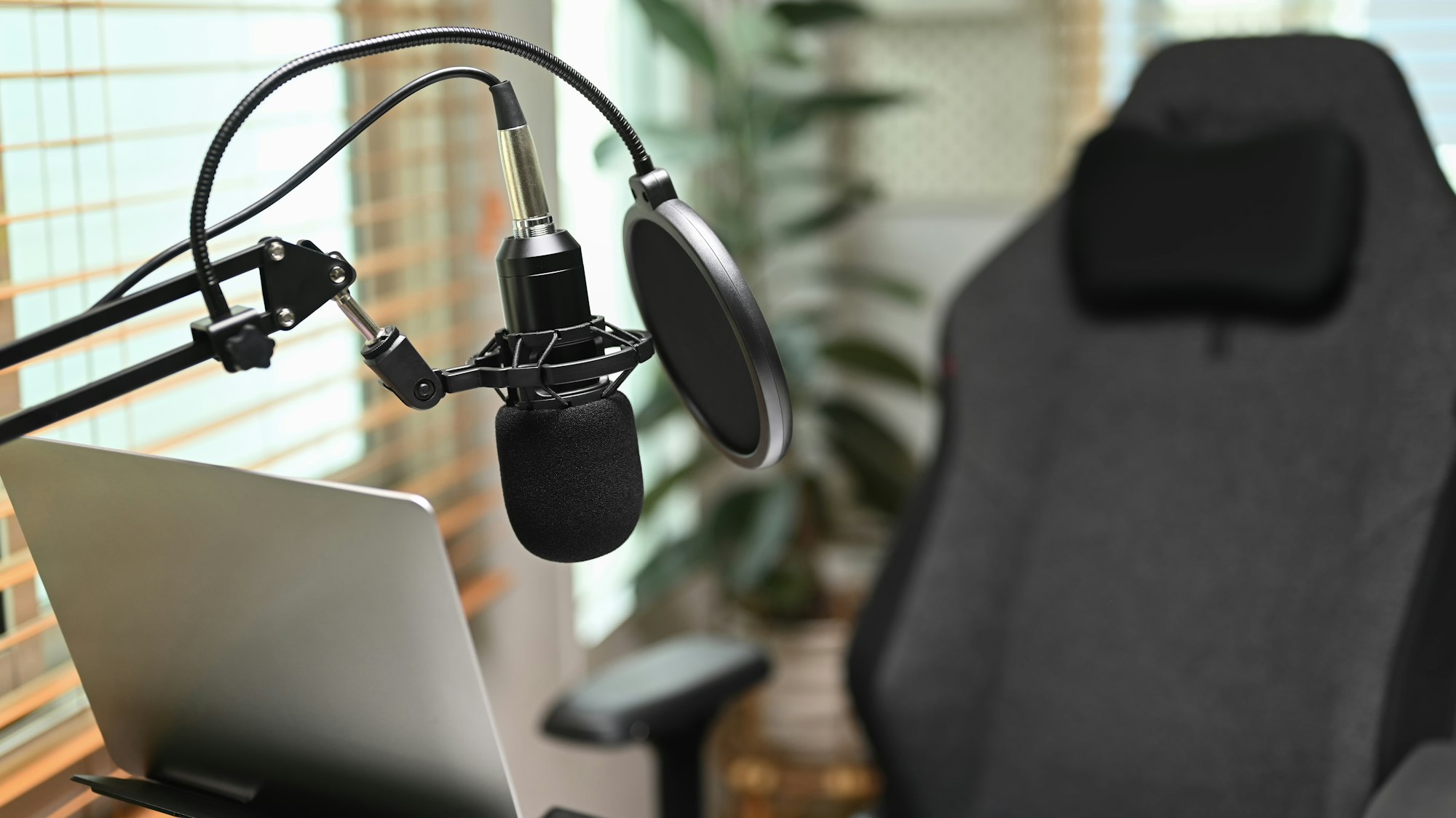 A professional condenser microphone, laptop computer in home studio interior.